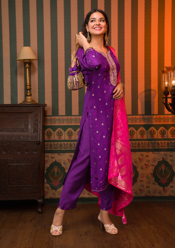 Purple Zariwork Art Silk Readymade Salwar Suit