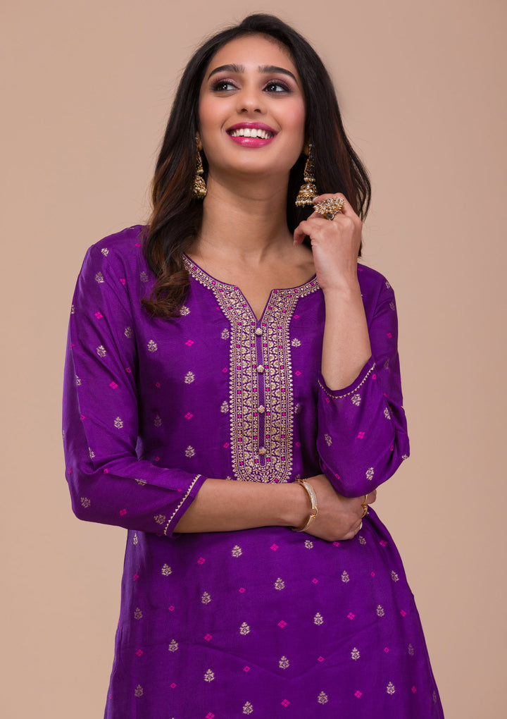 Purple Zariwork Art Silk Readymade Salwar Suit