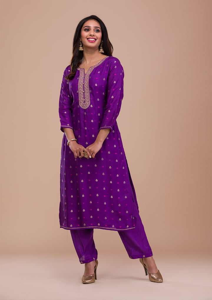 Purple Zariwork Art Silk Readymade Salwar Suit