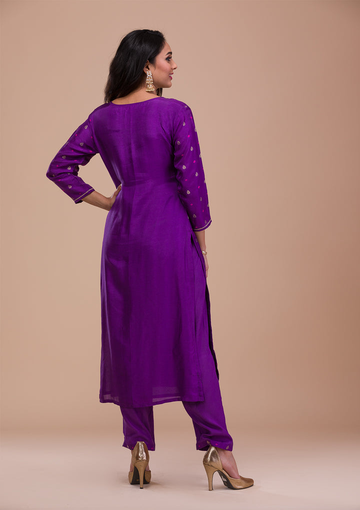 Purple Zariwork Art Silk Readymade Salwar Suit