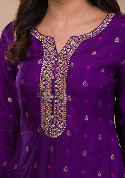 Purple Zariwork Art Silk Readymade Salwar Suit