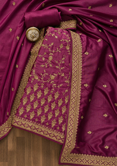 Purple Zariwork Art Silk Unstitched Salwar Suit-Koskii