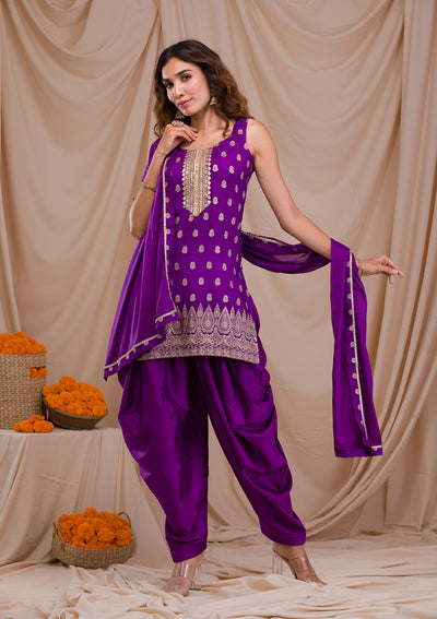 Purple Zariwork Banarasi Readymade Salwar Suit-Koskii