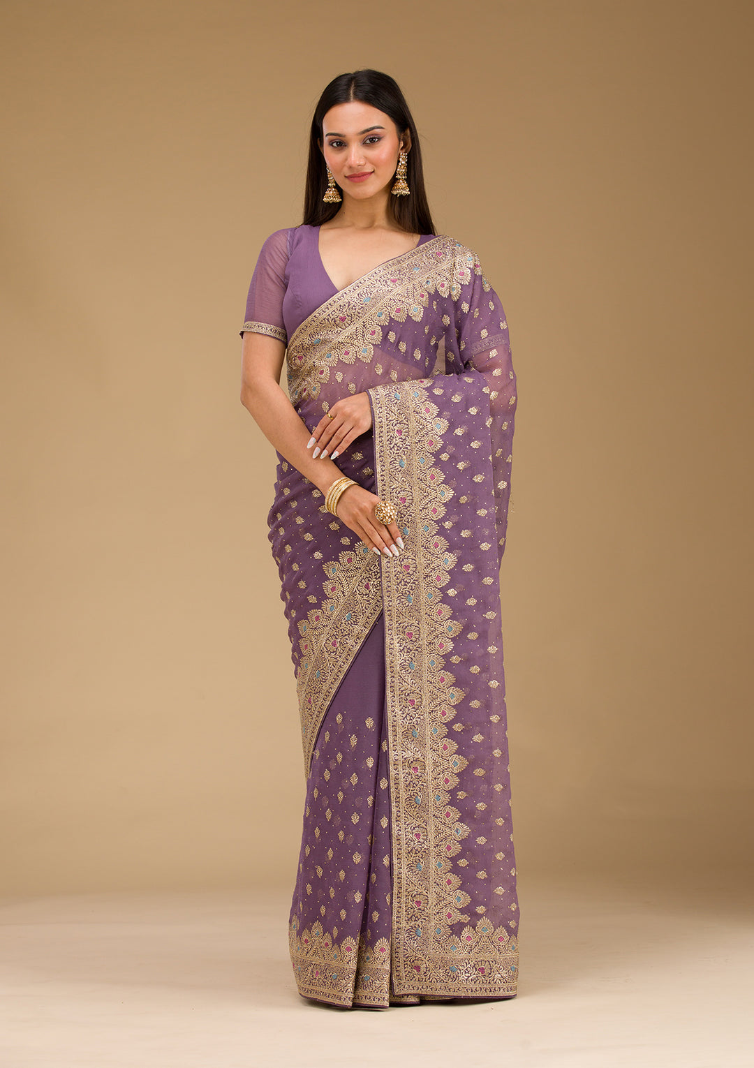 Purple Zariwork Chiffon Saree