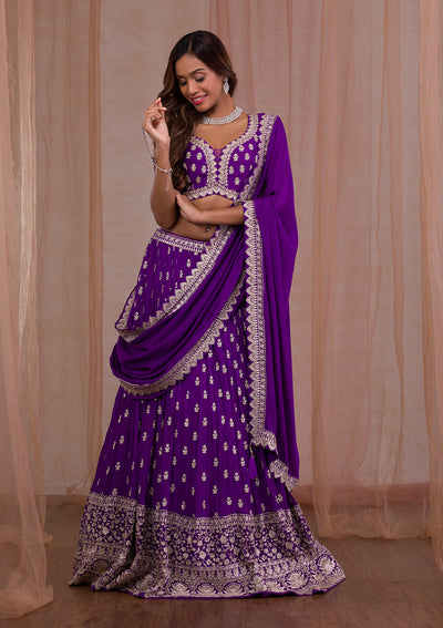 Purple Zariwork Crepe Readymade Lehenga-Koskii