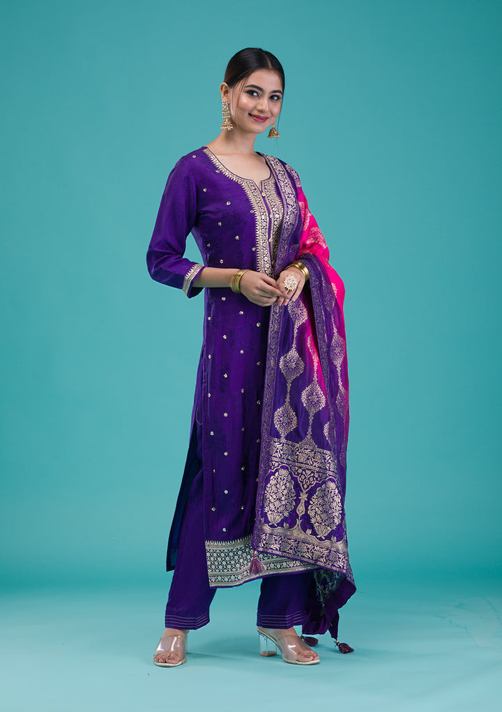 Purple Zariwork Crepe Readymade Salwar Suit