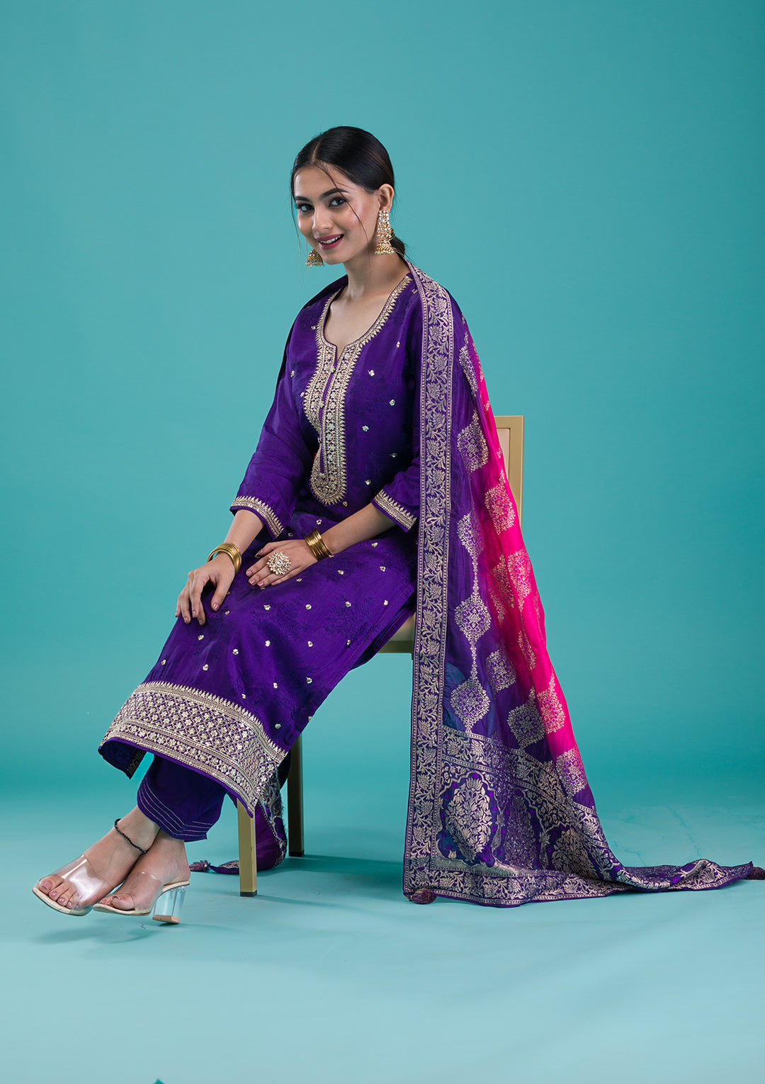 Purple Zariwork Crepe Readymade Salwar Suit