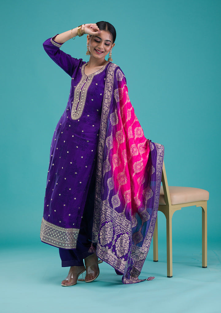 Purple Zariwork Crepe Readymade Salwar Suit