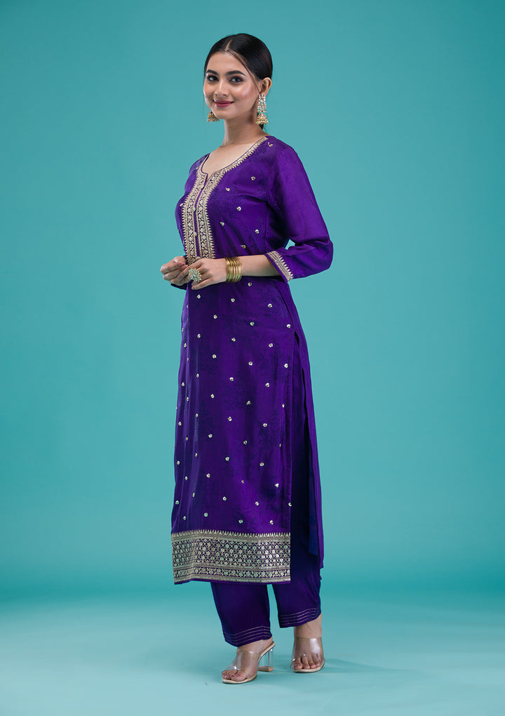 Purple Zariwork Crepe Readymade Salwar Suit