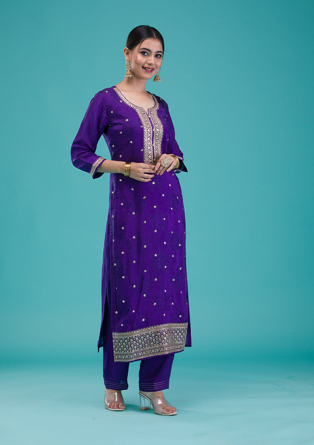 Purple Zariwork Crepe Readymade Salwar Suit