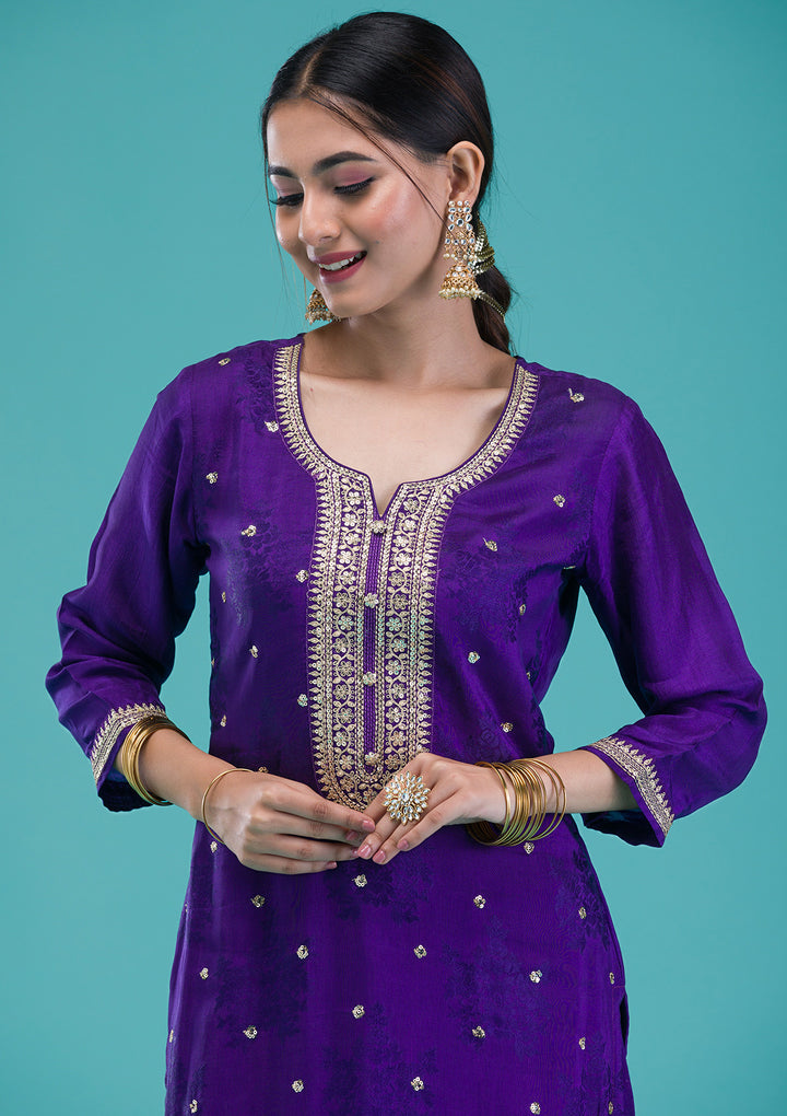 Purple Zariwork Crepe Readymade Salwar Suit