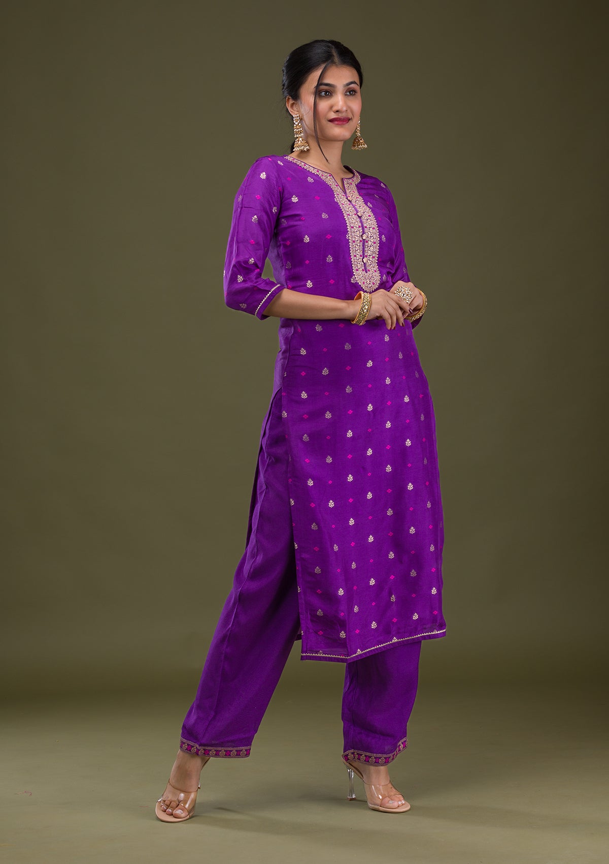 Purple Zariwork Crepe Readymade Salwar Suit