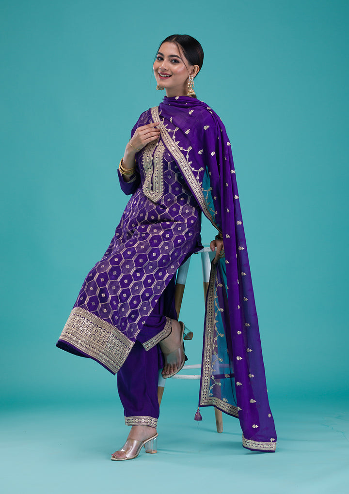 Purple Zariwork Crepe Readymade Salwar Suit