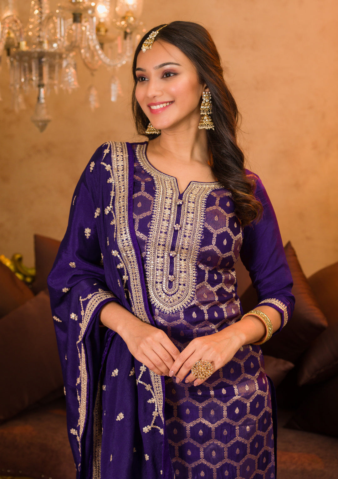 Purple Zariwork Crepe Readymade Salwar Suit