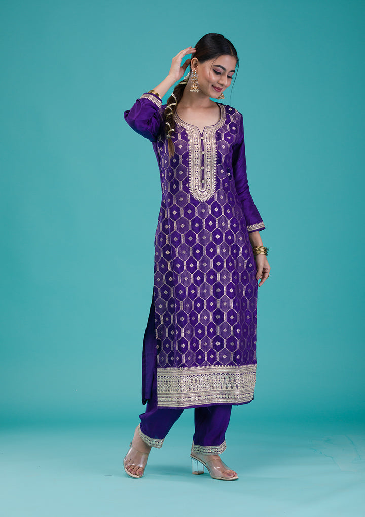 Purple Zariwork Crepe Readymade Salwar Suit