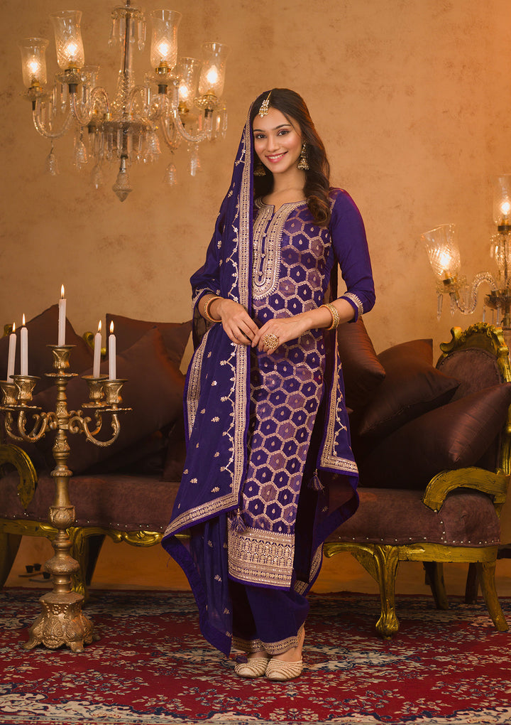 Purple Zariwork Crepe Readymade Salwar Suit