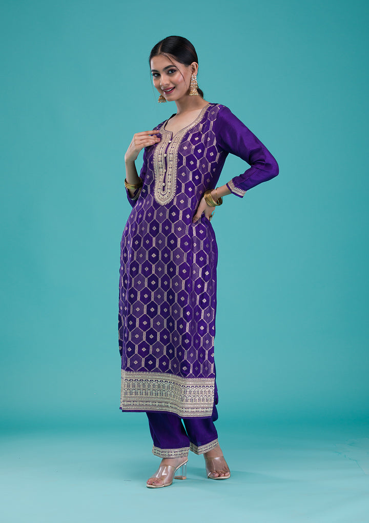 Purple Zariwork Crepe Readymade Salwar Suit