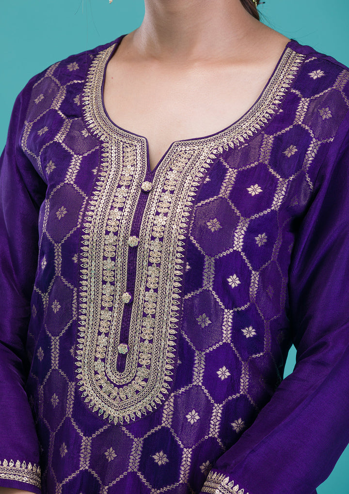 Purple Zariwork Crepe Readymade Salwar Suit