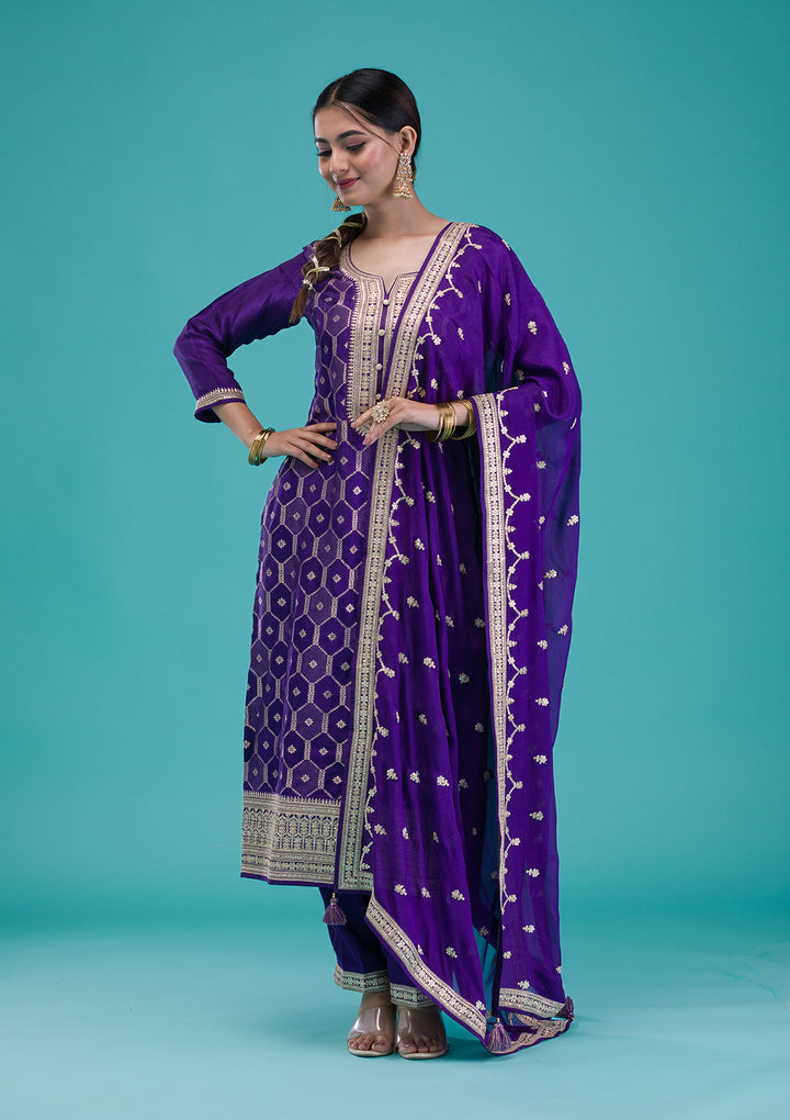 Purple Zariwork Crepe Readymade Salwar Suit