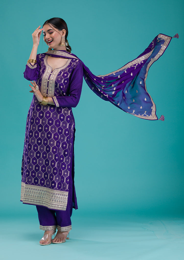 Purple Zariwork Crepe Readymade Salwar Suit