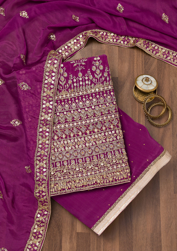 Purple Zariwork Crepe Unstitched Salwar Suit