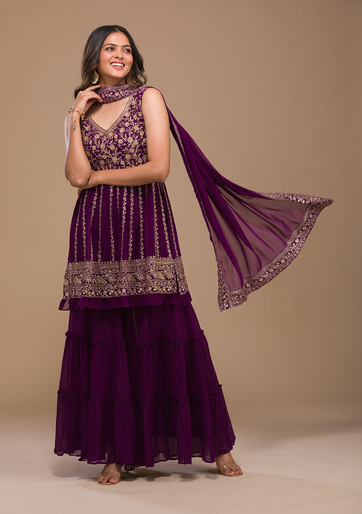 Purple Zariwork Georgette Readymade Salwar Suit-Koskii