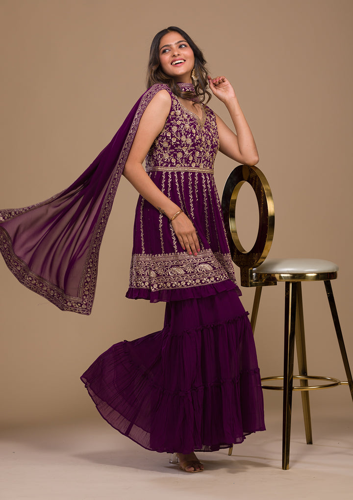 Purple Zariwork Georgette Readymade Salwar Suit-Koskii