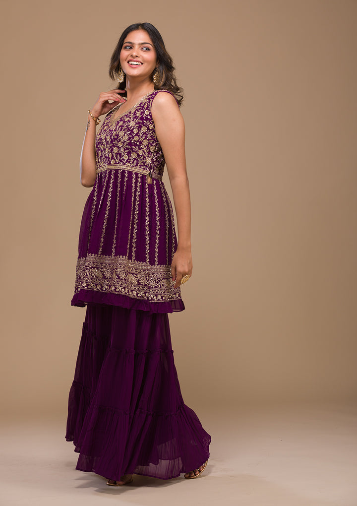 Purple Zariwork Georgette Readymade Salwar Suit-Koskii