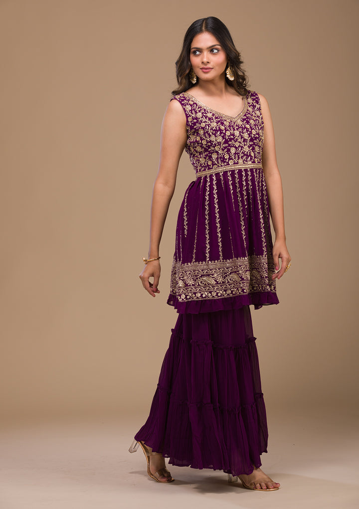 Purple Zariwork Georgette Readymade Salwar Suit-Koskii