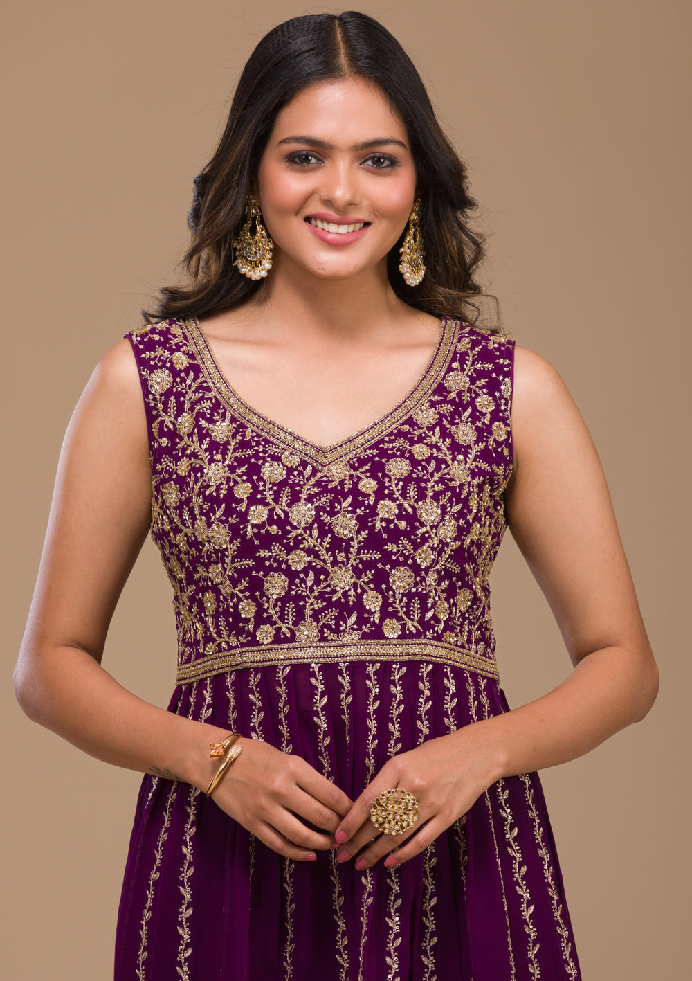 Purple Zariwork Georgette Readymade Salwar Suit-Koskii