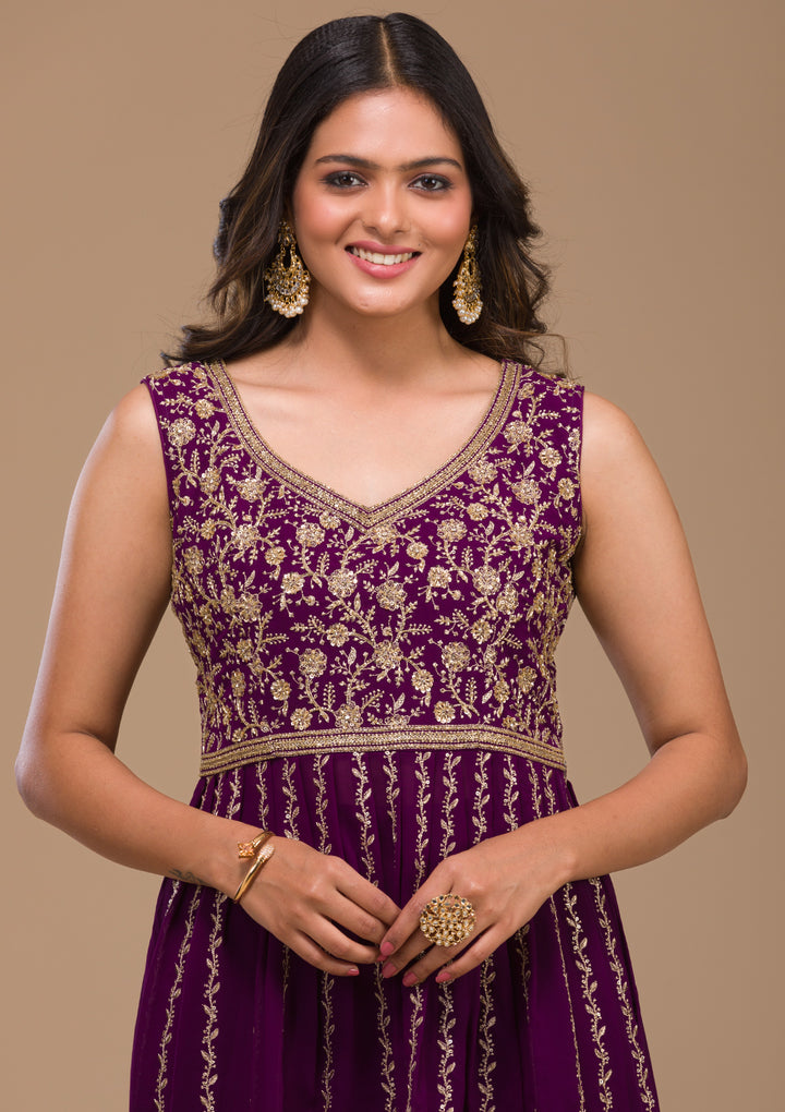 Purple Zariwork Georgette Readymade Salwar Suit-Koskii