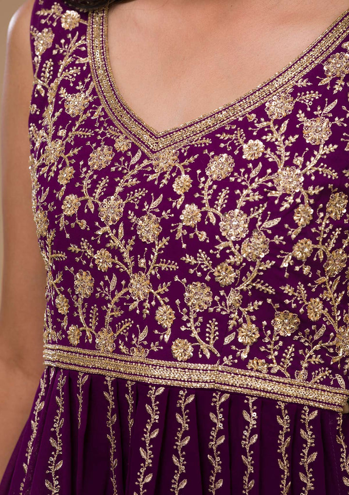 Purple Zariwork Georgette Readymade Salwar Suit-Koskii