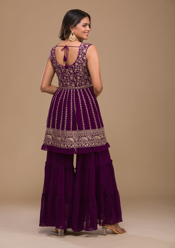 Purple Zariwork Georgette Readymade Salwar Suit-Koskii