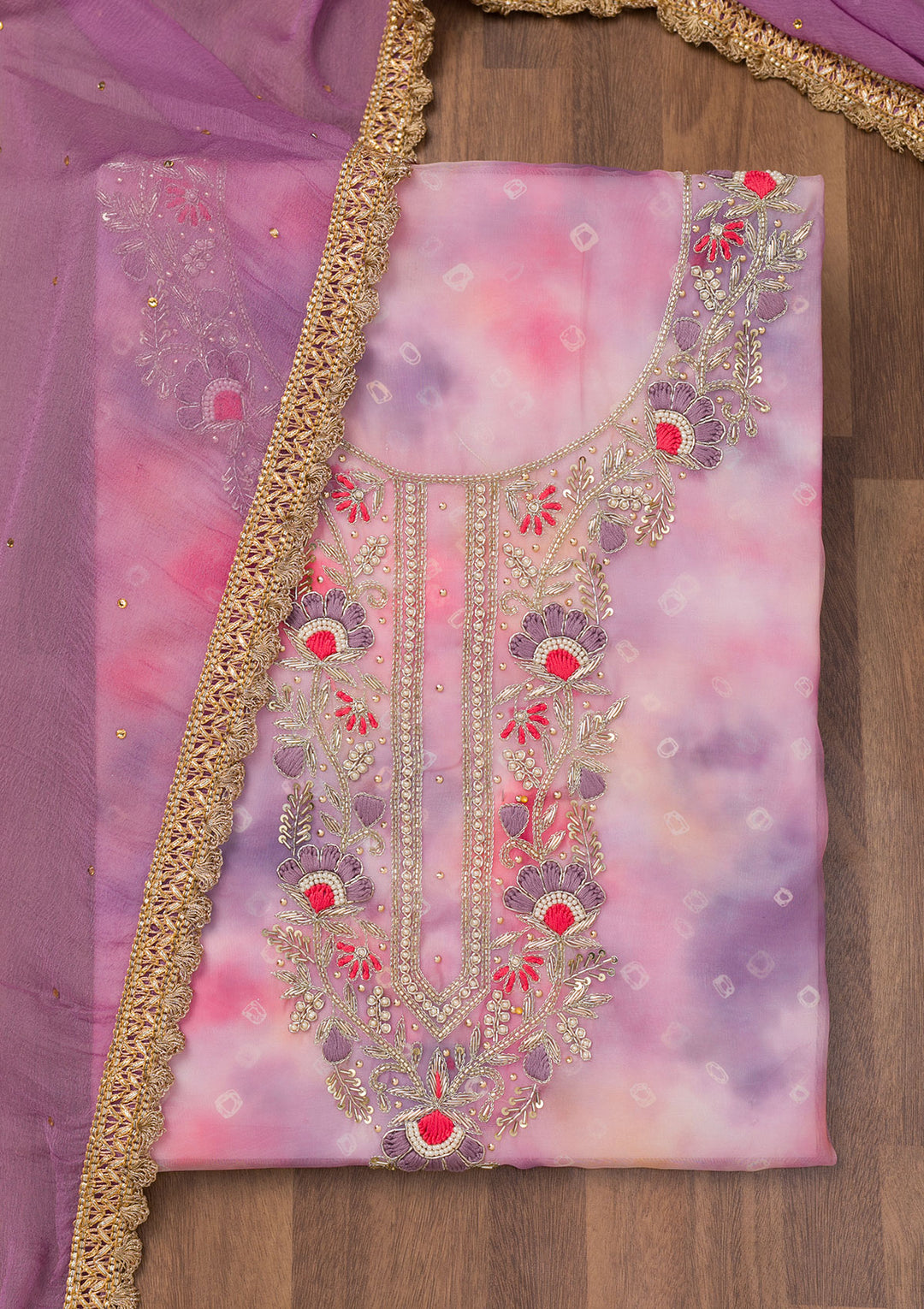 Purple Zariwork Organza Unstitched Salwar Suit