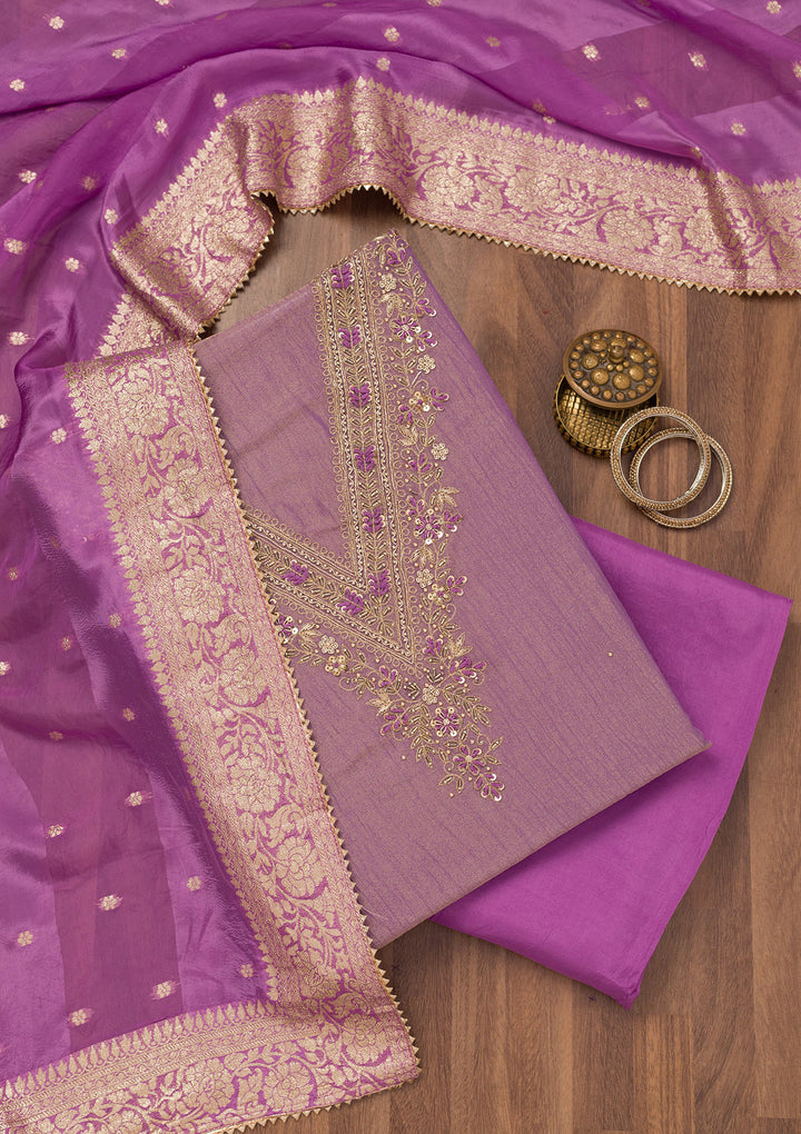 Purple Zariwork Raw Silk Unstitched Salwar Suit