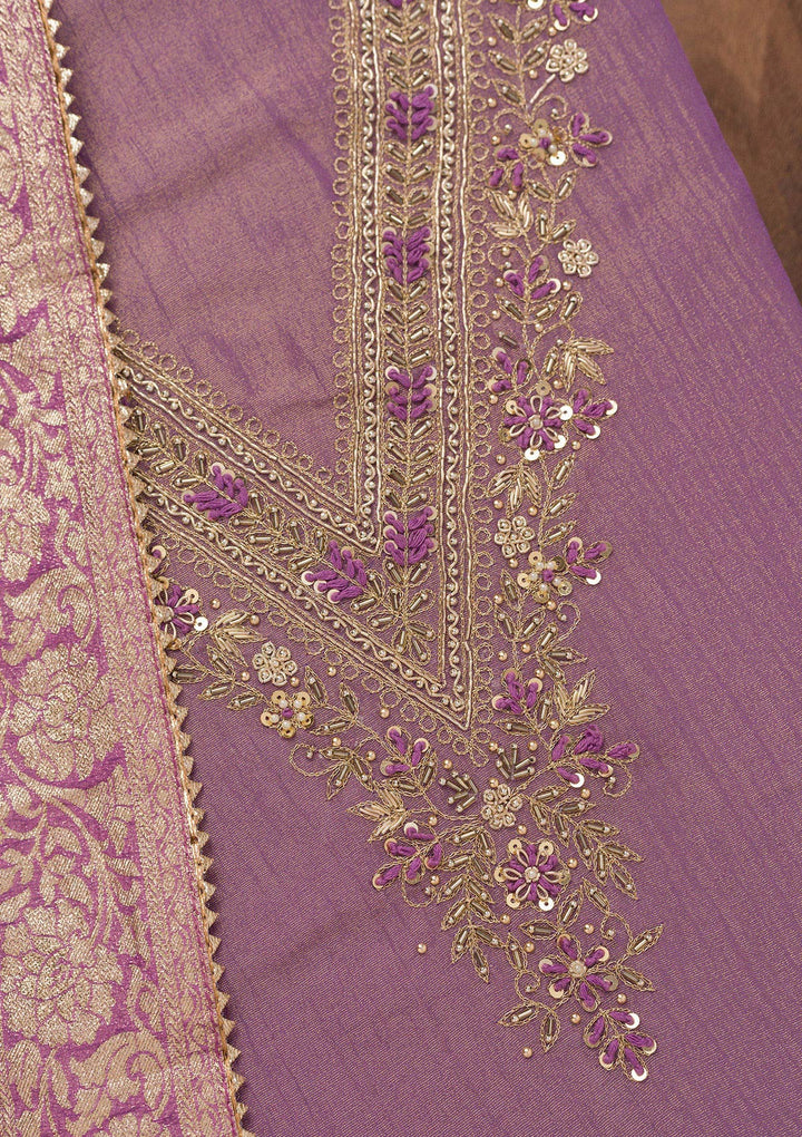 Purple Zariwork Raw Silk Unstitched Salwar Suit