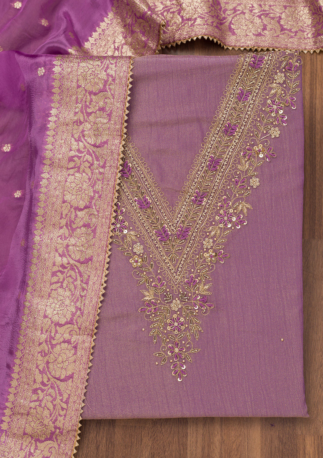 Purple Zariwork Raw Silk Unstitched Salwar Suit
