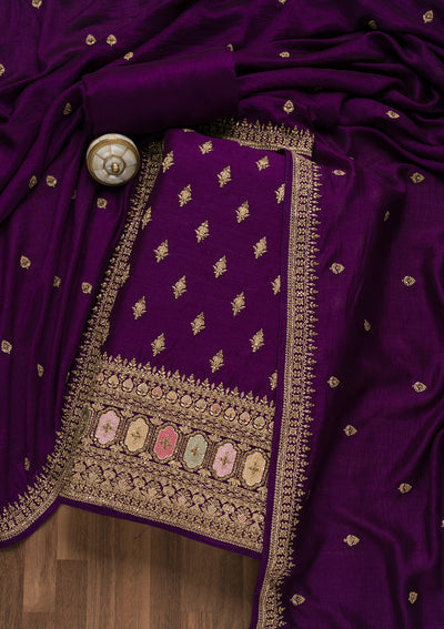 Purple Zariwork Raw Silk Unstitched Salwar Suit