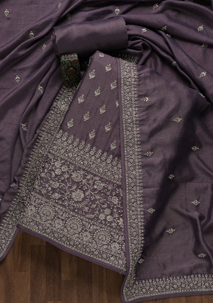 Purple Zariwork Raw Silk Unstitched Salwar Suit