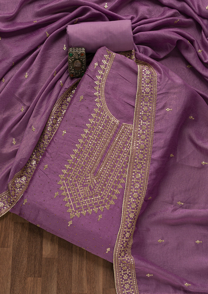 Purple Zariwork Raw Silk Unstitched Salwar Suit