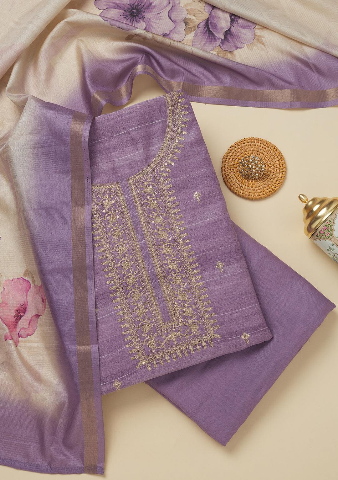 Purple Zariwork Raw Silk Unstitched Salwar Suit