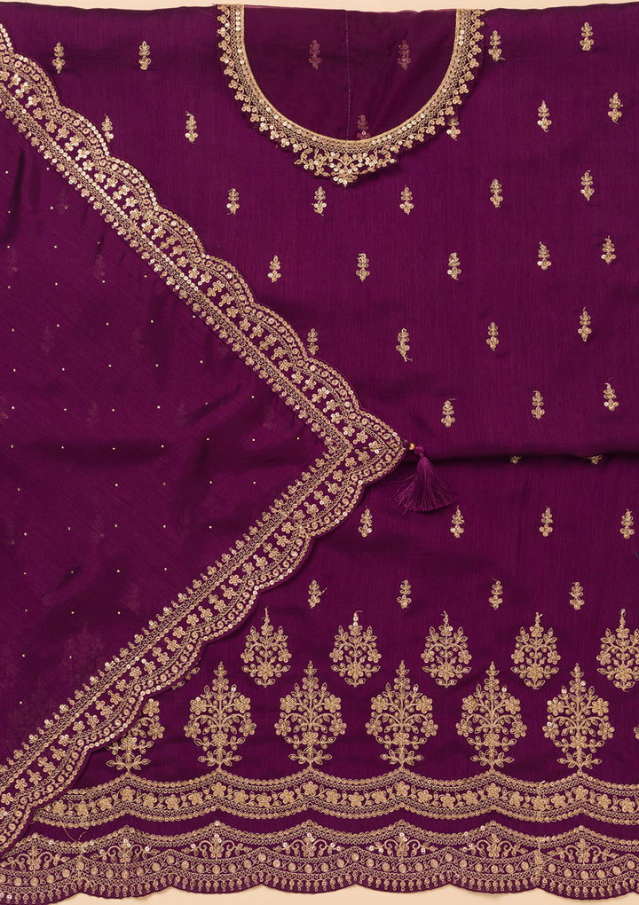 Purple Zariwork Satin Unstitched Salwar Suit