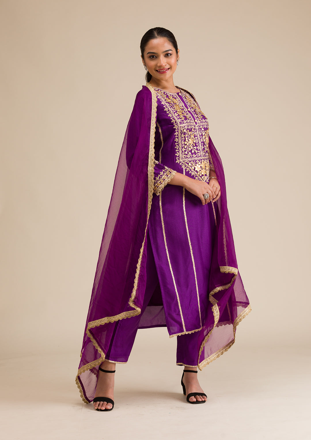 Purple Zariwork Semi Crepe Readymade Salwar Suit