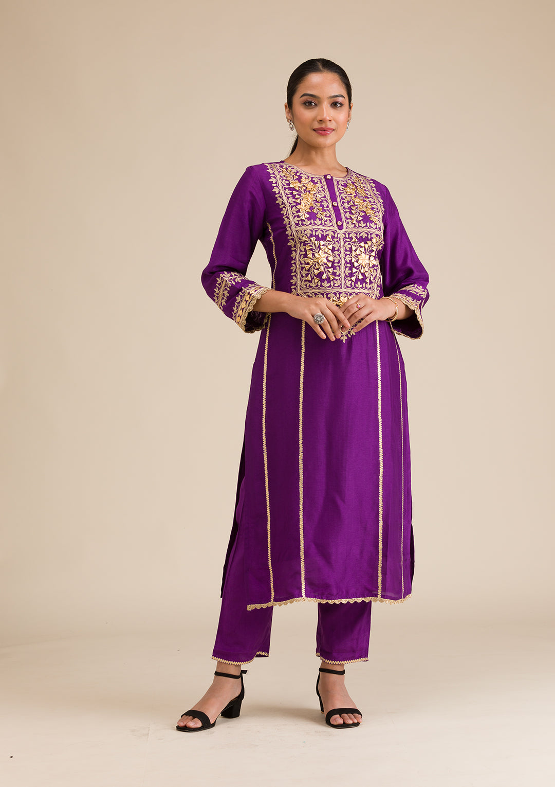 Purple Zariwork Semi Crepe Readymade Salwar Suit