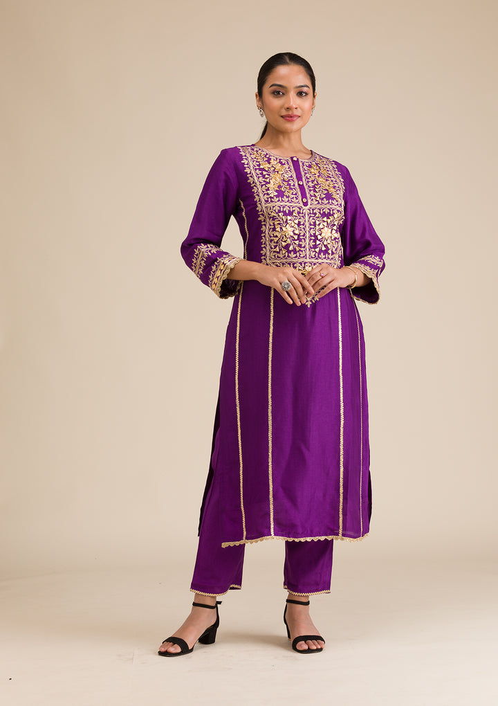Purple Zariwork Semi Crepe Readymade Salwar Suit