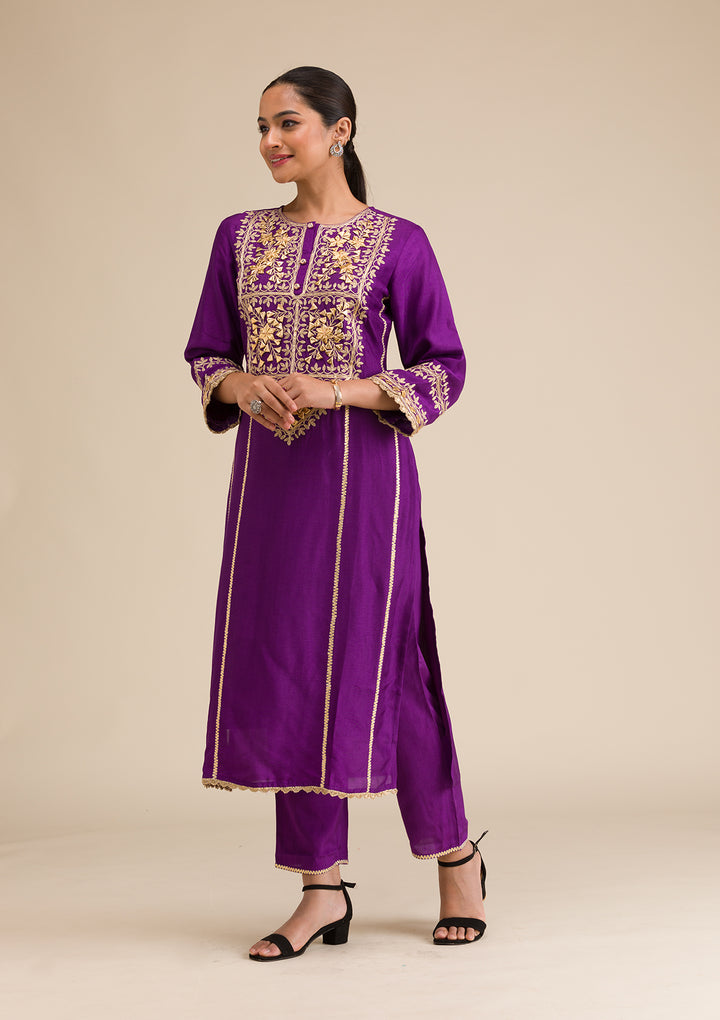 Purple Zariwork Semi Crepe Readymade Salwar Suit