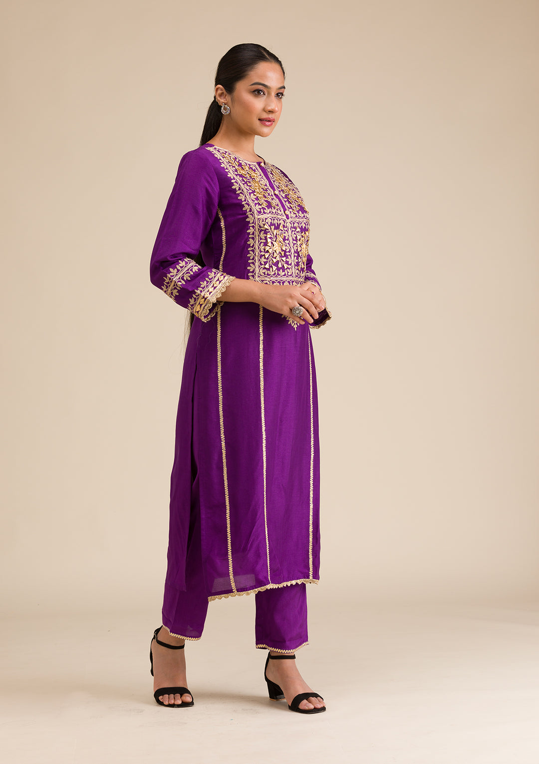 Purple Zariwork Semi Crepe Readymade Salwar Suit
