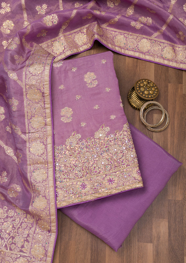 Purple Zariwork Semi Crepe Unstitched Salwar Suit