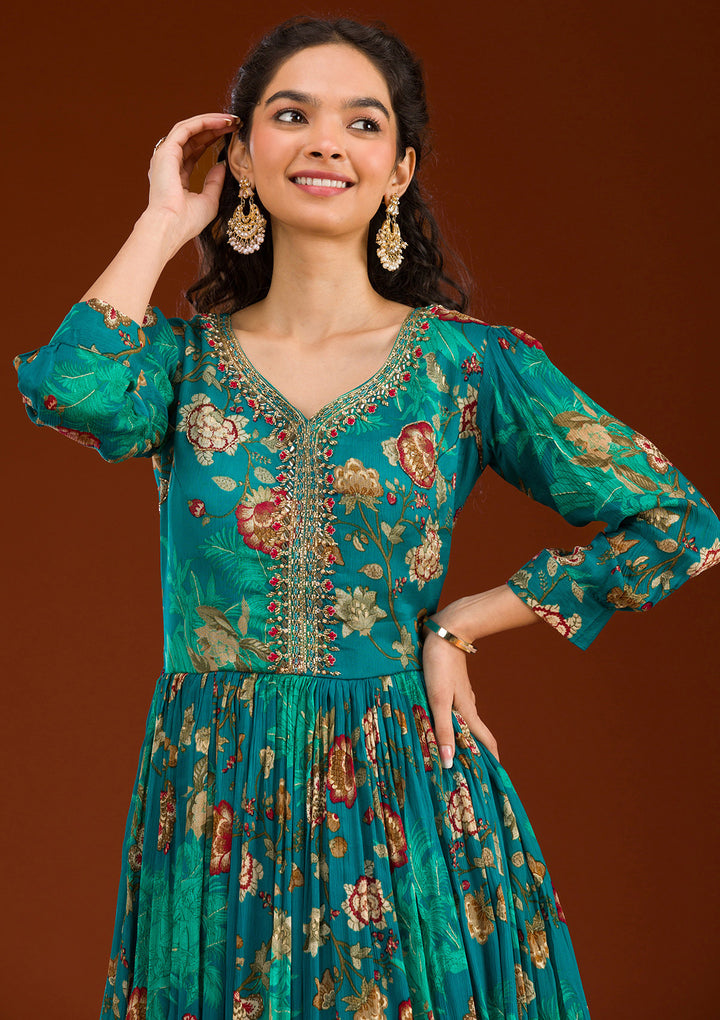 Rama Green Cutdana Semi Crepe Readymade Salwar Suit