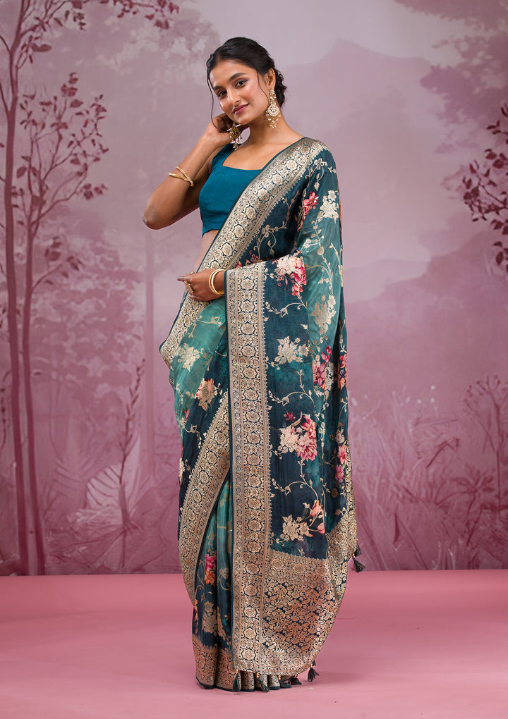 Rama Green Printed Georgette Saree